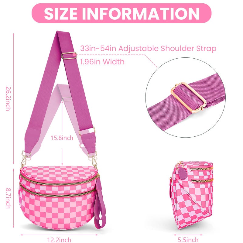 Lushandy Bum Bag Women's Checkered Crossbody Bag Nylon Cross Body Bags Plaid Mom Everyday Purse for Travel (Checkered Pink) - Image 5