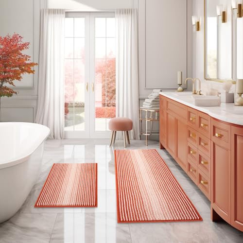 BSICPRO Bathroom Rugs and Mats Sets, 2 Piece Thick Absorbent Chenille Bath Mat Rug Set Non Slip, Soft Shaggy Bath Room Floor Mats for Bathroom, Machine Washable (Sunset Orange, 20" x 47" Plus 16" x 24") - Image 1