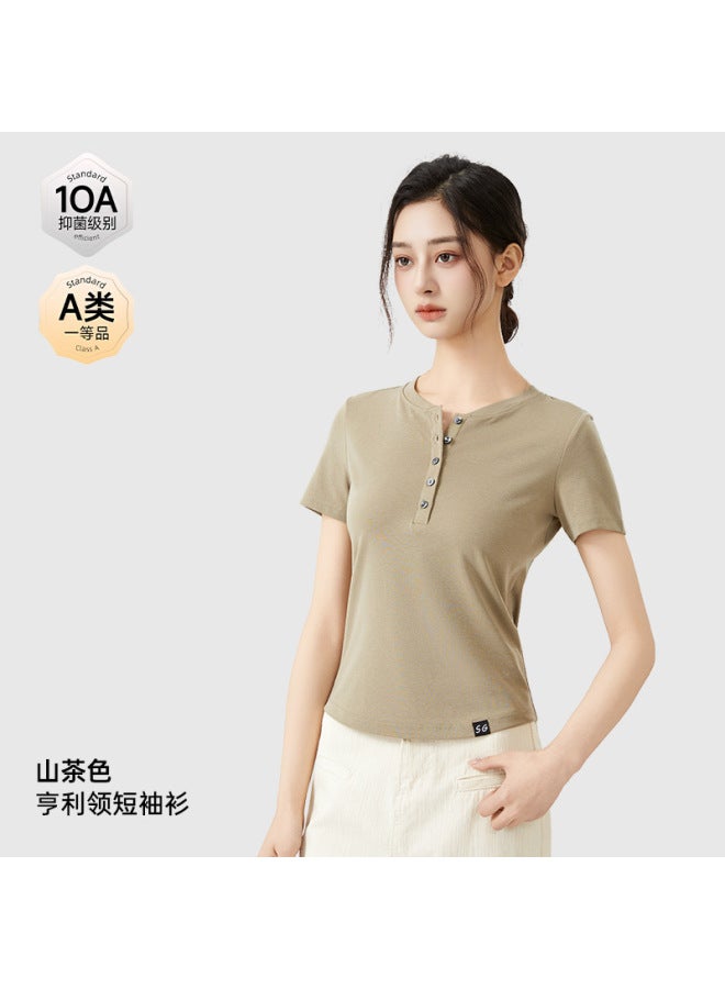 Spring/summer 10a Antibacterial Cool-feeling Tencel Cotton T-shirt Women's Henley Neck Slim Fit Four-way Stretch Breathable Versatile Short-sleeve Top Women's