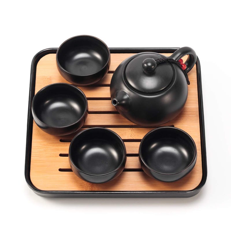 Lyty Chinese Tea Pot Cup Set with Tray Infuser - Travel Ceramic Tea set Porcelain Teapot, Portable All in One Bag for Outdoor Picnic Business Hotel (Black) - Image 4
