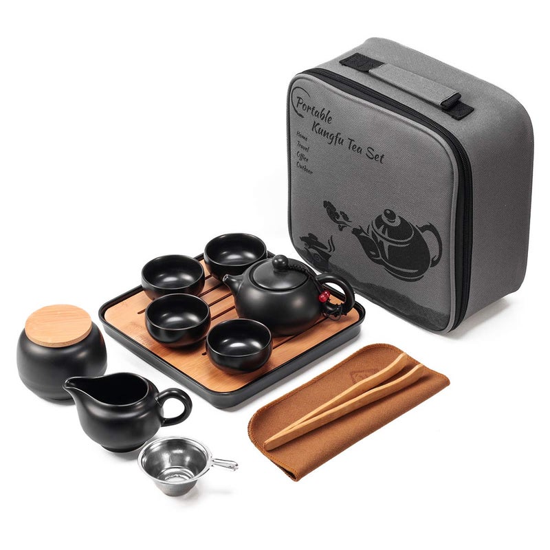 Lyty Chinese Tea Pot Cup Set with Tray Infuser - Travel Ceramic Tea set Porcelain Teapot, Portable All in One Bag for Outdoor Picnic Business Hotel (Black) - Image 1