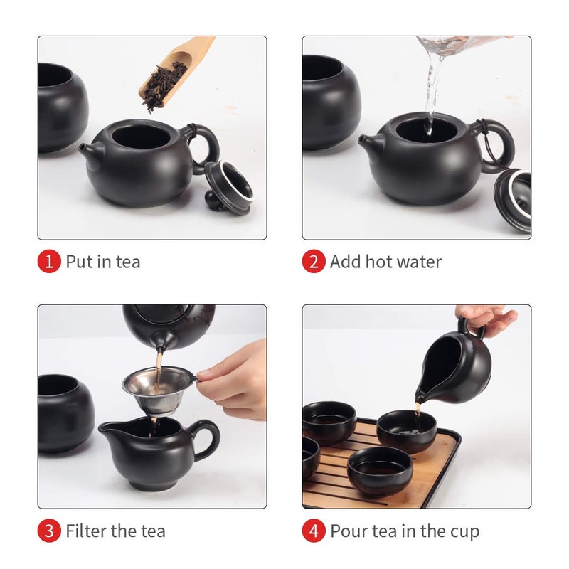 Lyty Chinese Tea Pot Cup Set with Tray Infuser - Travel Ceramic Tea set Porcelain Teapot, Portable All in One Bag for Outdoor Picnic Business Hotel (Black) - Image 2