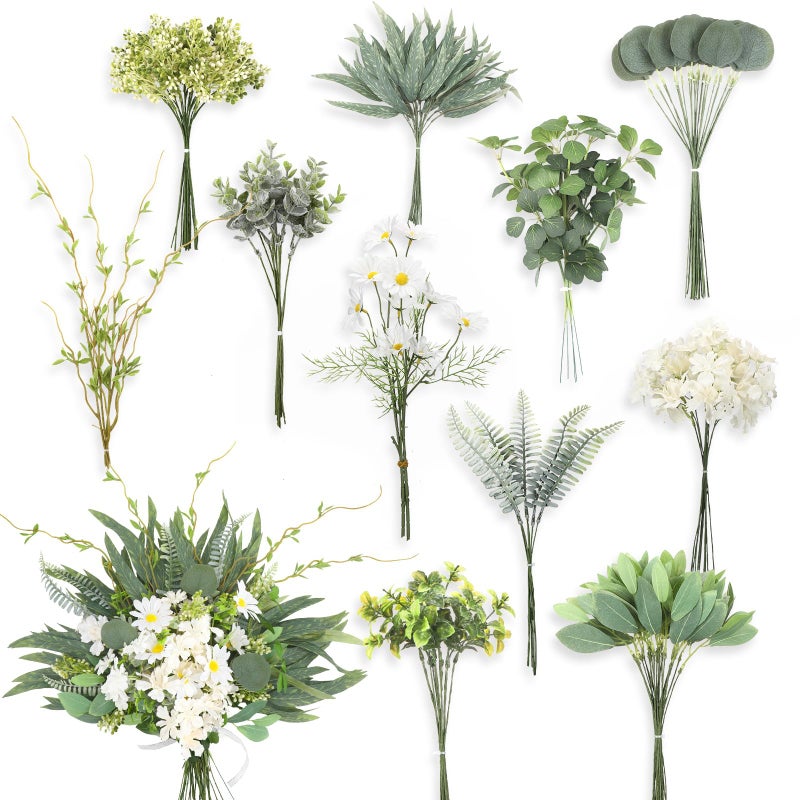 Cindeer Cindeer 125 Pcs 11 Kinds Artificial Greenery Spray Box Set Faux Greenery Stems and Flowers Bulk Fake Eucalyptus for  - Image 1
