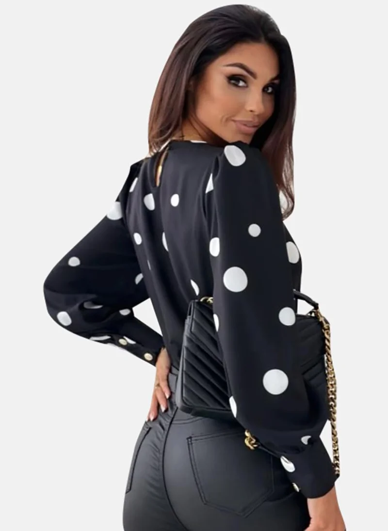 YUNIQEE Black Polka Dots Long Sleeve Square Neck Tunics