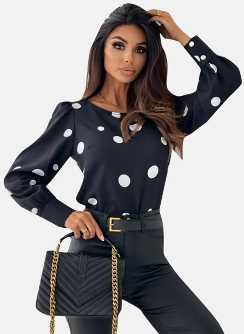 يونيكي Black Polka Dots Long Sleeve Square Neck Tunics