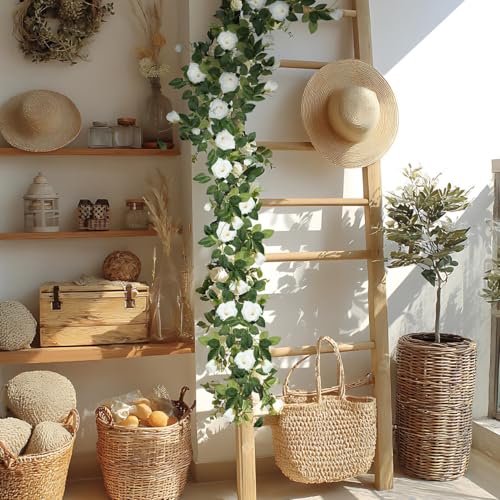 ZIFTY 5Pcs 32.5FT White Flower Garland Fake Vines Faux Artificial Floral Garland for Wedding Decortions Hanging Rose Ivy for Arch Garden Ceremony Background Outdoor Wall Decor - Image 4