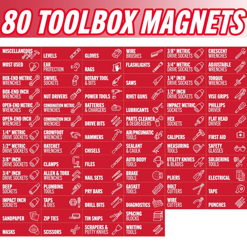 Itera Magnetic Tool Labels for Toolbox â€“ 80 Piece Heavy Duty Drawer & Tool Chest Labels (Red), Large Magnetic Toolbox Labels for Steel Drawers, Toolbox Organization Magnets for Garage Storage - Image 2