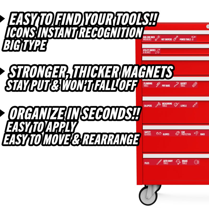 Itera Magnetic Tool Labels for Toolbox â€“ 80 Piece Heavy Duty Drawer & Tool Chest Labels (Red), Large Magnetic Toolbox Labels for Steel Drawers, Toolbox Organization Magnets for Garage Storage - Image 4