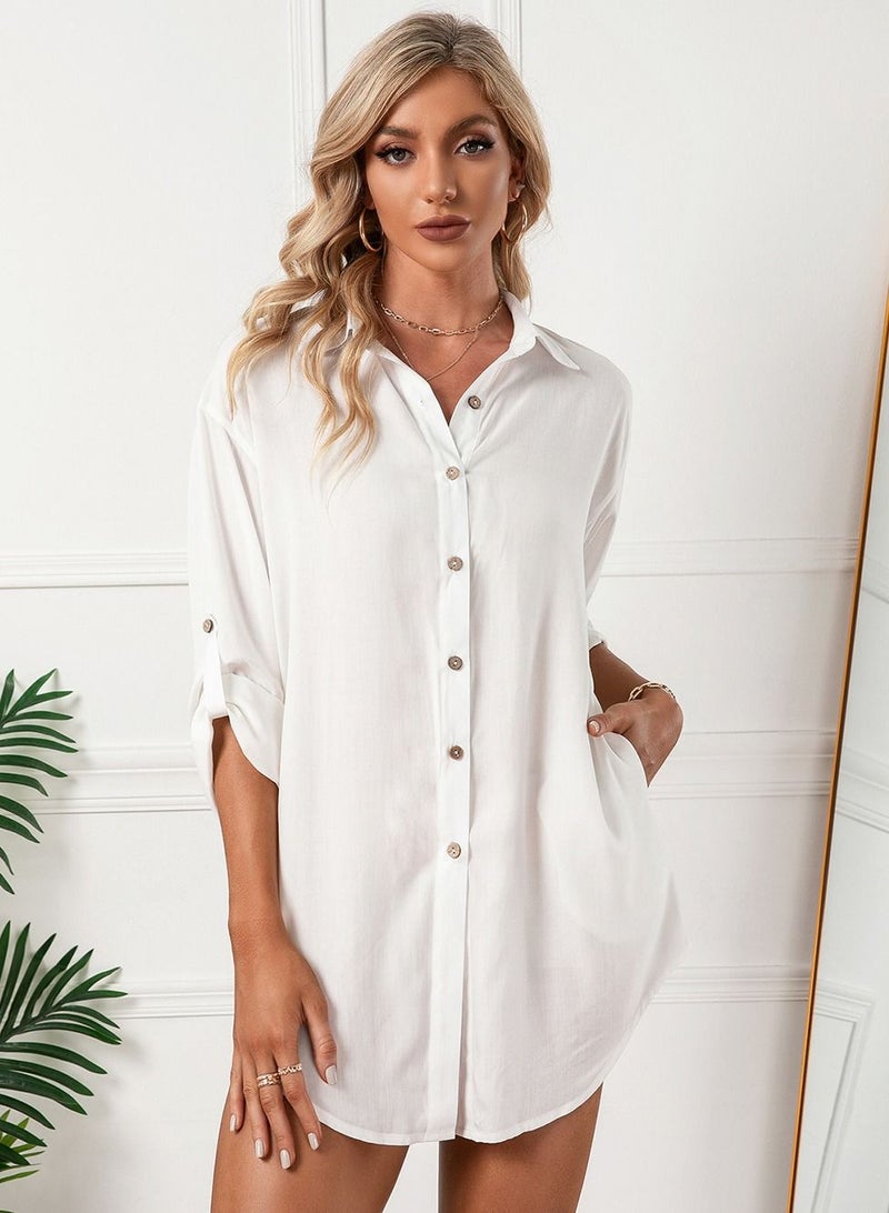 Loquat Casual Loose Single Breasted Shirt Dress White - Image 2