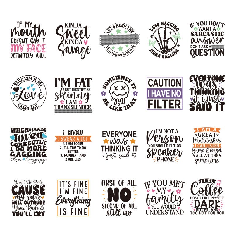 Shejdgart Dtf Transfers Ready to Press 20 Pcs Sarcastic Quotes Iron on Patches for TShirts Heat Transfer Funny Vinyl Stickers Humorous Iron on Decals for Clothes Bag DIY Fabric Decor