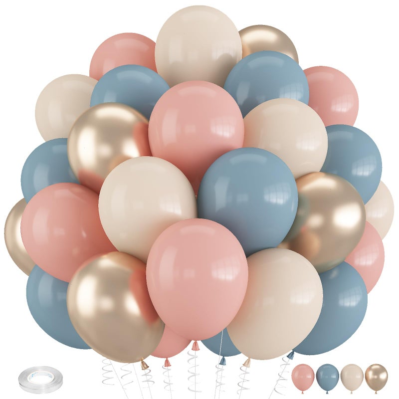 Froova Gender Reveal Balloons, 12 Inch Dusty Pink Blue White Sand and Gold Balloons for Boho Neutral Baby Shower Birthday Party Boy or Girl Gender Reveal Decorations - Image 1