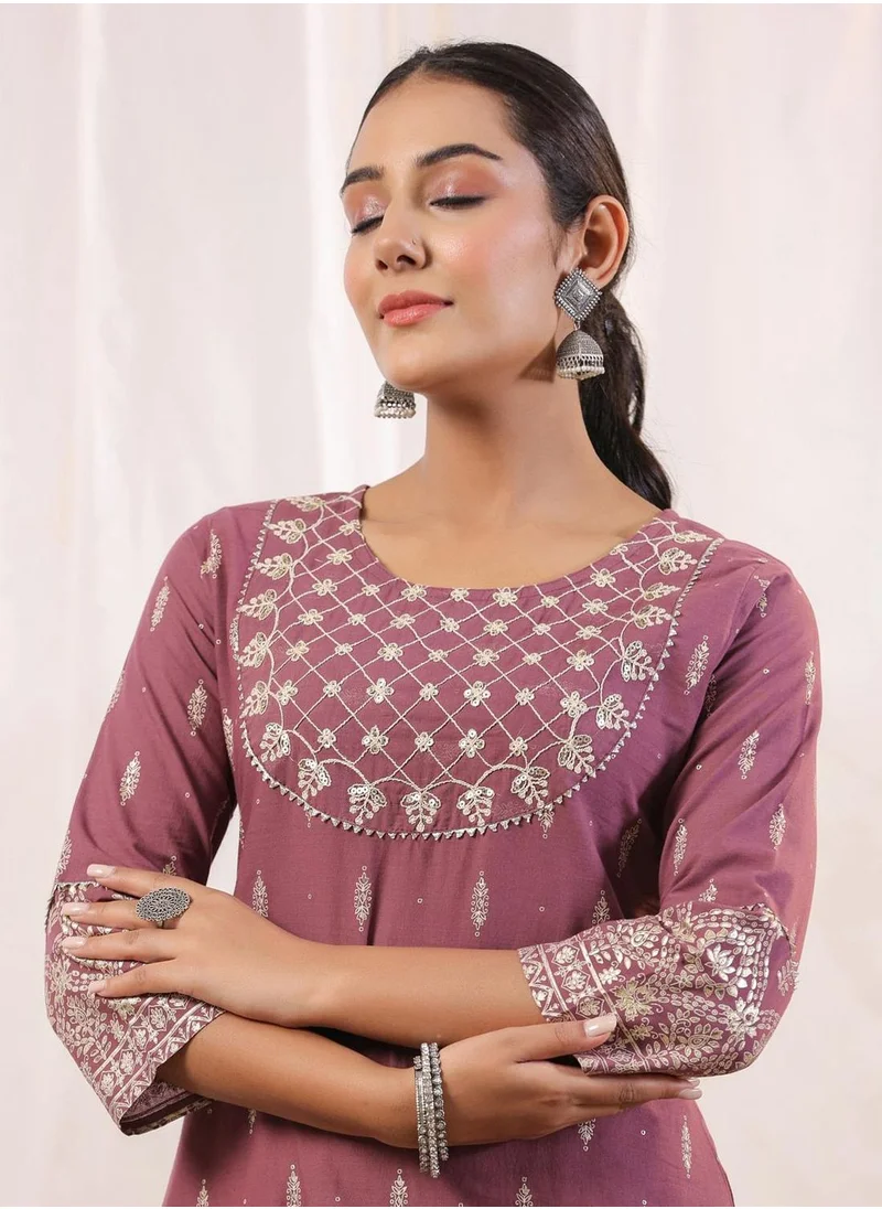 آي شين Regular Fit Three-Quarter Sleeve Printed Purple Cotton Woven Kurta Set For Women Flat Collar Perfect For Wedding And Engagement Pull On Closure