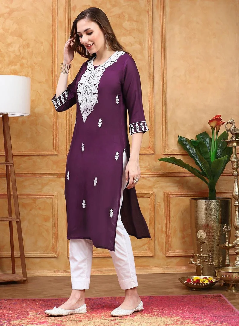 ISHIN Women's Purple Viscose Blend Printed Tunic Regular Fit Kurta