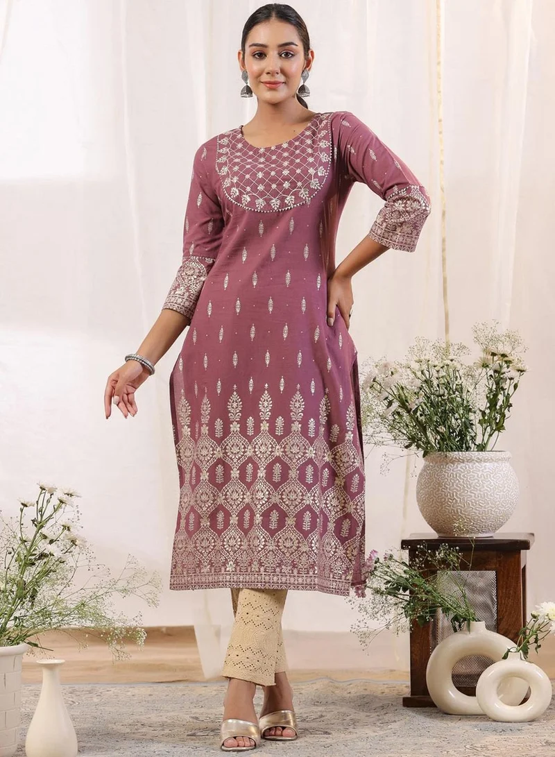 ISHIN Women's Purple 100% Cotton Printed Tunic Regular Fit Kurta