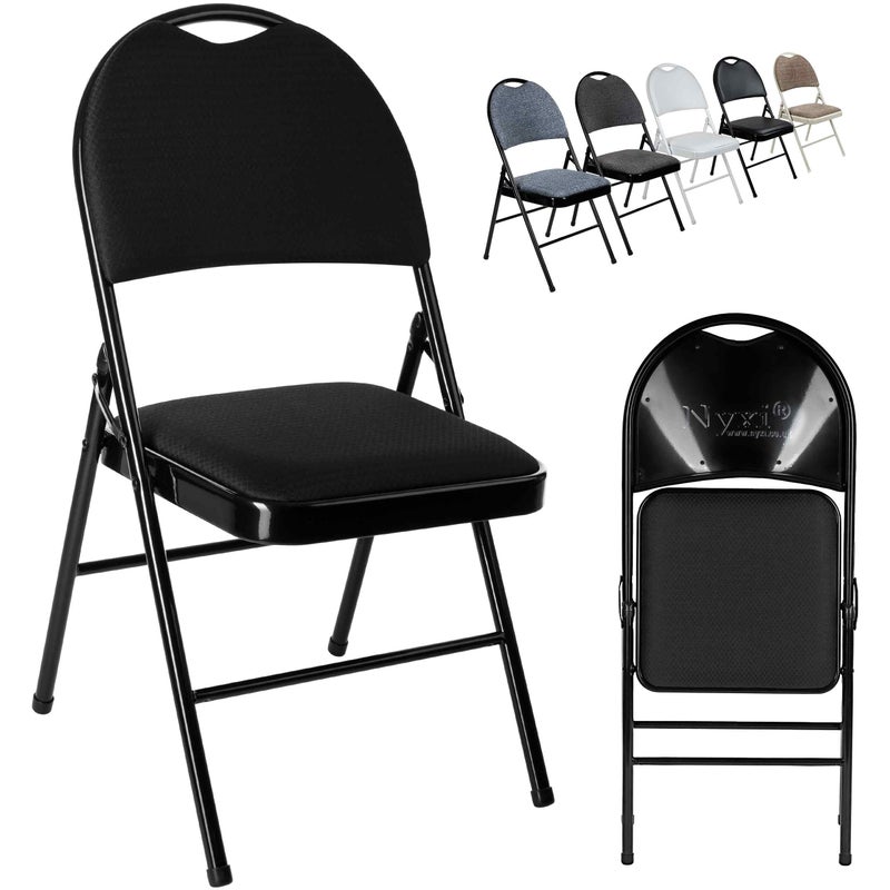 Nyxi Set of 2 Folding Chairs Premium Quality with Padded Fabric or PVC Seats Metal Frame Foldable Chair Home Office Dinning Heavy Duty MultiPurpose Indoor  Outdoor Black Fabric