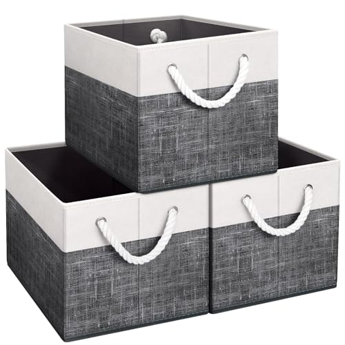 Fab totes Storage Bins [3-Pack], Foldable Storage Baskets for Organizing Toys, Books, Shelves, Closet, Large Storage Box with Rope Handles, Sturdy Organizer Bins, White & Black - Image 1