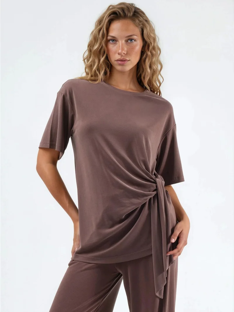 بوسيم BUSEM Loose Fit Crew Neck Modal Blouse with Tie Detail