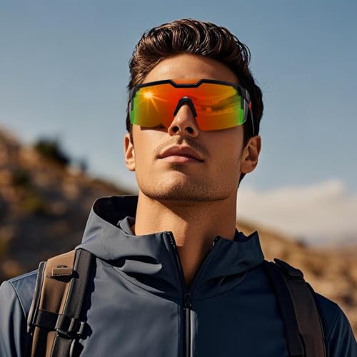 kimorn Polarized Sports Sunglasses for Men, Warp Around Goggles Sun Glasses with UV400 Protection for Driving Fishing (Black/Orange/Red) - Image 2