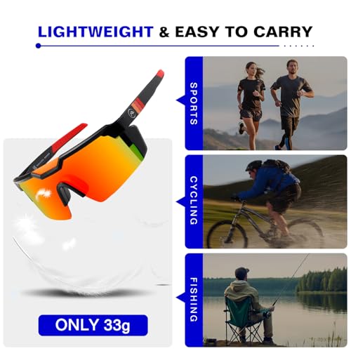 kimorn Polarized Sports Sunglasses for Men, Warp Around Goggles Sun Glasses with UV400 Protection for Driving Fishing (Black/Orange/Red) - Image 4