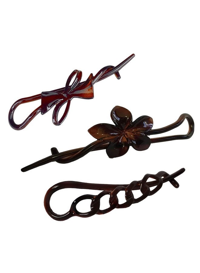 Parcelona French Twist N Clip Flower Bow And Chain 4" Celluloid Metal Free Hair Barrette Clips Women Hair Accessories Made In France (Tortoise Shell Brown) - Image 2