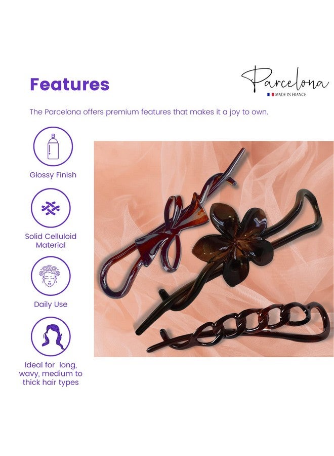 Parcelona French Twist N Clip Flower Bow And Chain 4" Celluloid Metal Free Hair Barrette Clips Women Hair Accessories Made In France (Tortoise Shell Brown) - Image 3