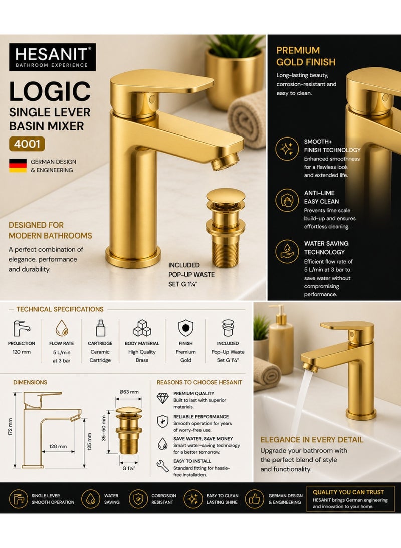 HESANIT Logic Single Lever Basin Mixer 4001, Premium Gold Bathroom Faucet with Pop-Up Waste, Water Saving, 120mm Projection Gold - Image 5