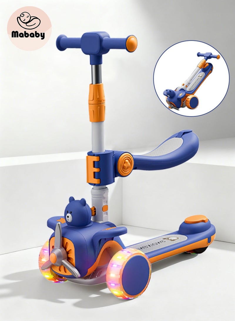 MaBaby 3-in-1 Kick Scooter for Kids, Foldable and Adjustable, with Gravity Steering and LED Flashing Wheels, for 1-6 Years Boys and Girls Indoor Outdoor (Blue) - Image 1