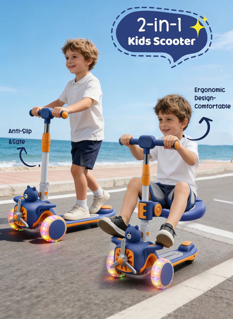 MaBaby 3-in-1 Kick Scooter for Kids, Foldable and Adjustable, with Gravity Steering and LED Flashing Wheels, for 1-6 Years Boys and Girls Indoor Outdoor (Blue) - Image 2