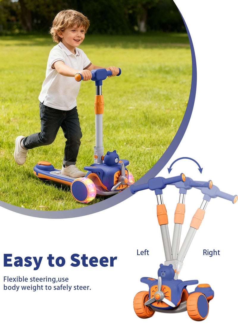 MaBaby 3-in-1 Kick Scooter for Kids, Foldable and Adjustable, with Gravity Steering and LED Flashing Wheels, for 1-6 Years Boys and Girls Indoor Outdoor (Blue) - Image 4