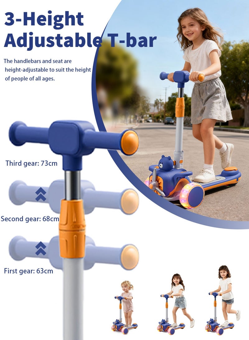 MaBaby 3-in-1 Kick Scooter for Kids, Foldable and Adjustable, with Gravity Steering and LED Flashing Wheels, for 1-6 Years Boys and Girls Indoor Outdoor (Blue) - Image 3