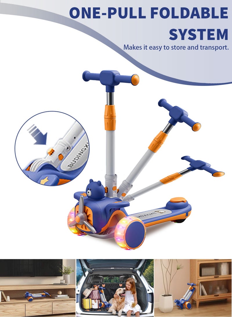 MaBaby 3-in-1 Kick Scooter for Kids, Foldable and Adjustable, with Gravity Steering and LED Flashing Wheels, for 1-6 Years Boys and Girls Indoor Outdoor (Blue) - Image 4
