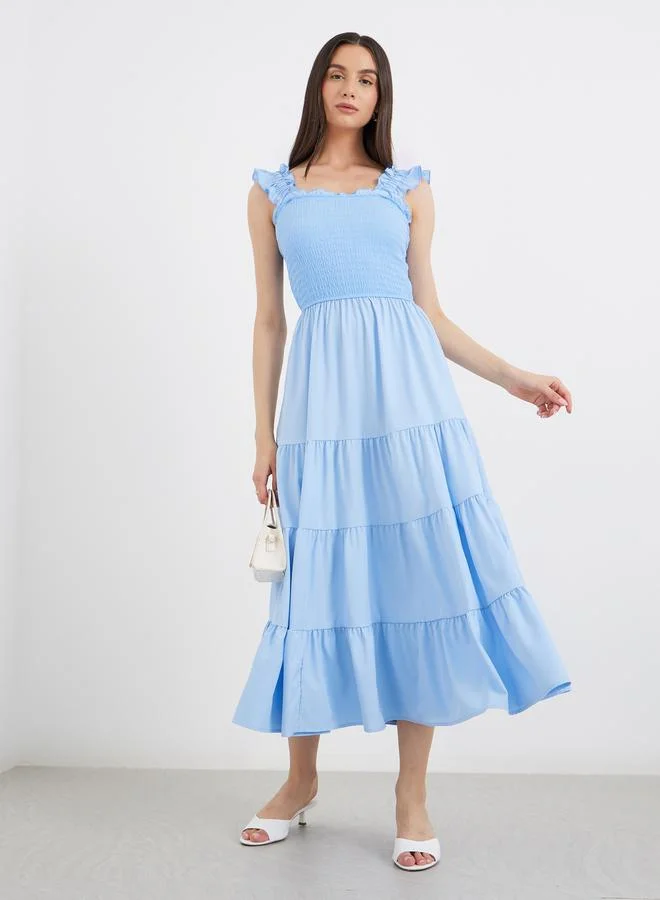 Take Two Take Two Solid Ruffled Strappy Smocked Detail Midi Dress