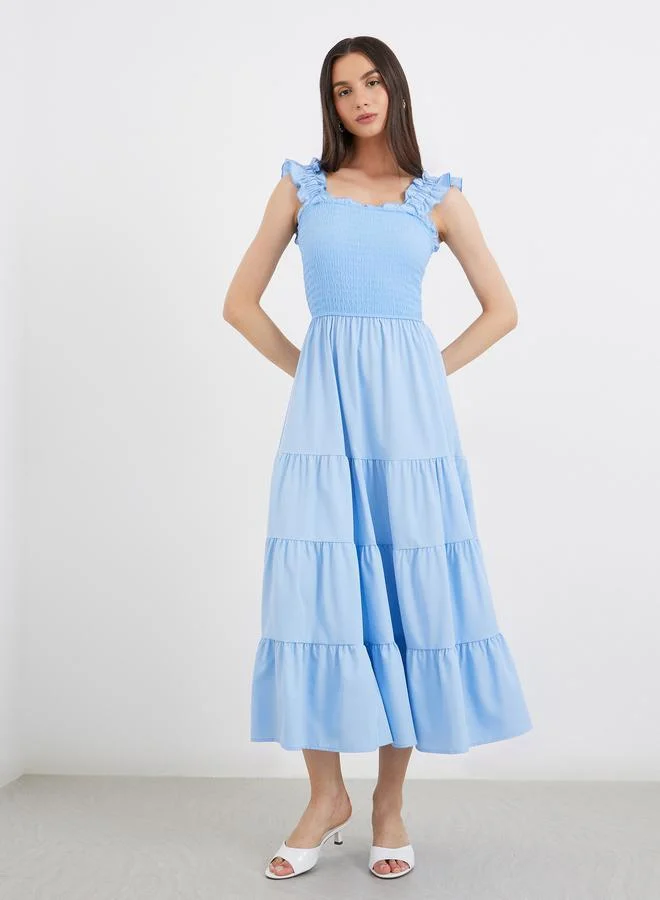 Take Two Take Two Solid Ruffled Strappy Smocked Detail Midi Dress