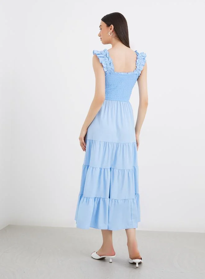 Take Two Take Two Solid Ruffled Strappy Smocked Detail Midi Dress