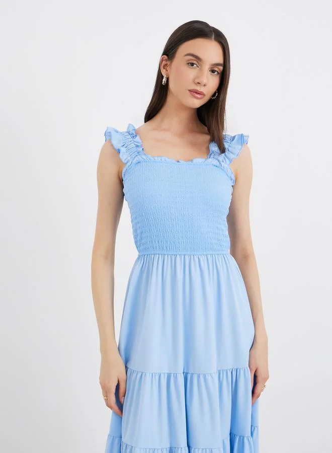 Take Two Take Two Solid Ruffled Strappy Smocked Detail Midi Dress
