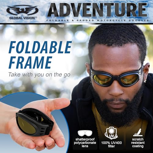 Global Vision Adventure Folding Motorcycle Goggles Black Frames with Yellow Lens - Image 3