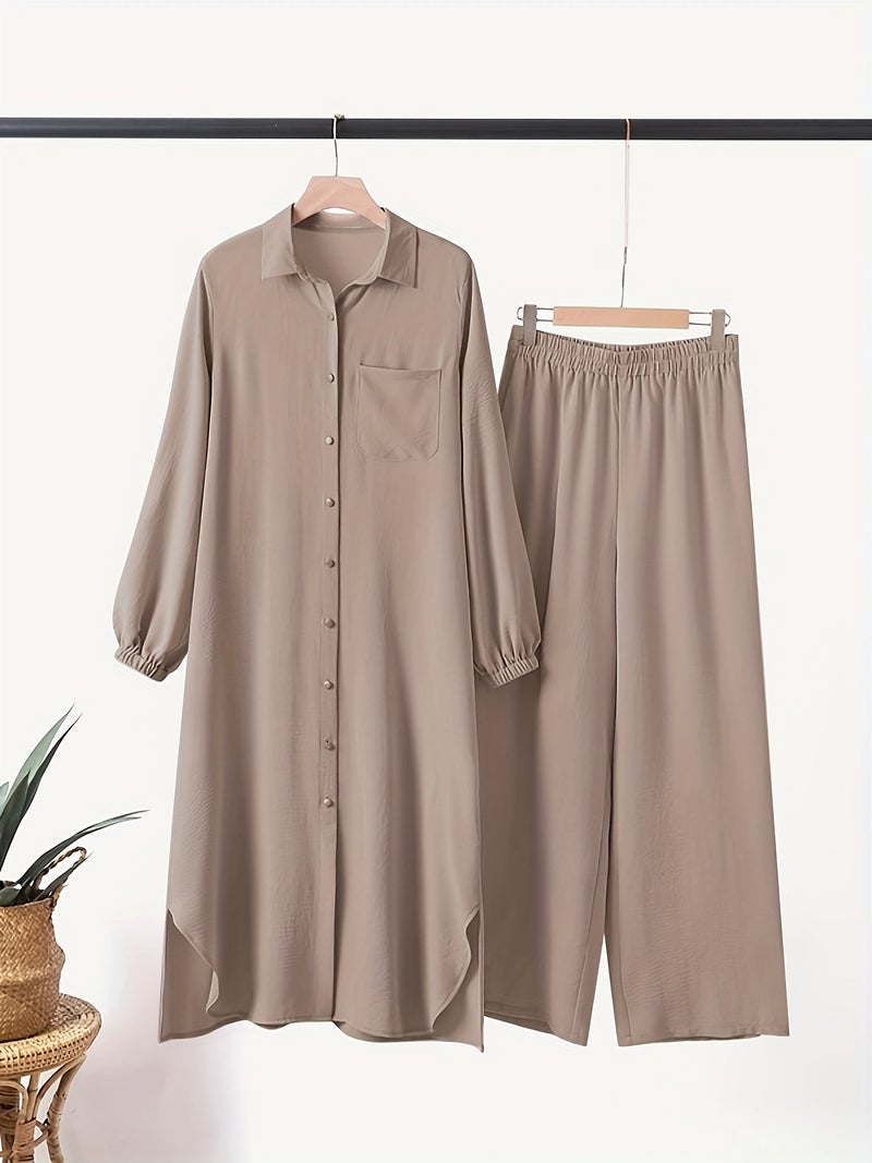 Muslim Women's Arabic Style Solid Color Long Sleeve Shirt and Wide-Leg Long Pants 2pcs Set - Image 3