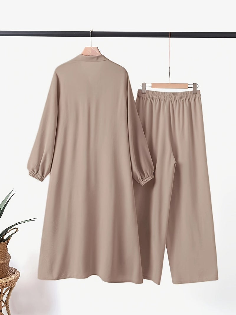 Muslim Women's Arabic Style Solid Color Long Sleeve Shirt and Wide-Leg Long Pants 2pcs Set - Image 2