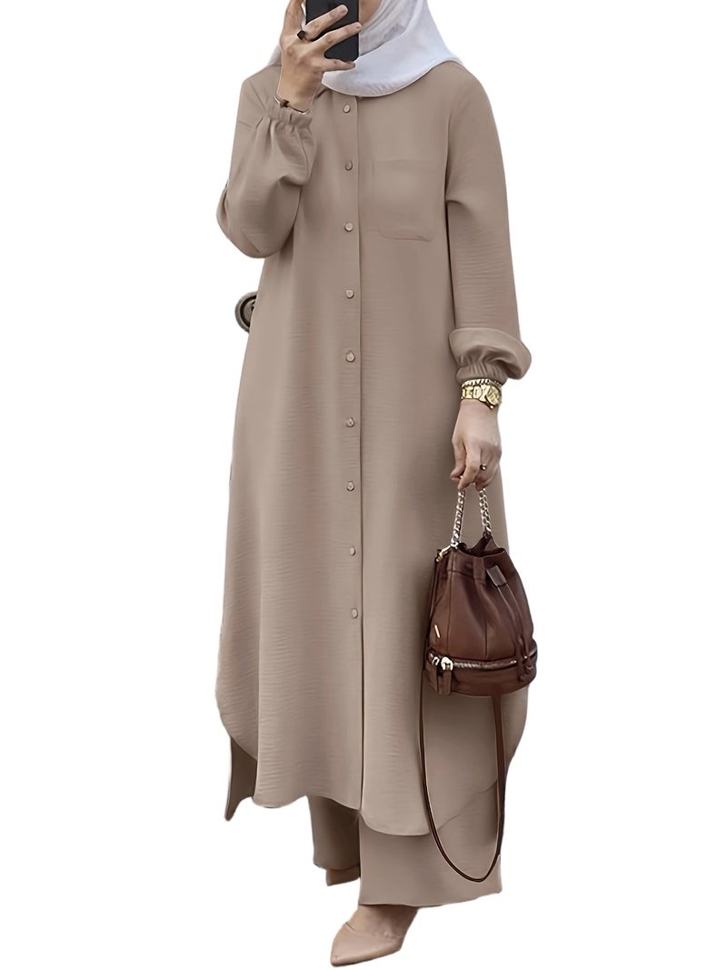 Muslim Women's Arabic Style Solid Color Long Sleeve Shirt and Wide-Leg Long Pants 2pcs Set - Image 1