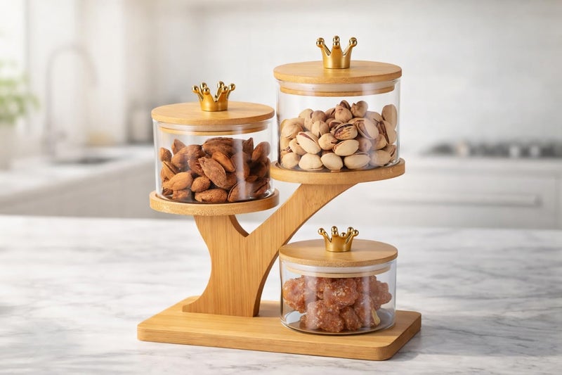 Red-Rubby Royal Serveware Glass Bowl Set with Airtight Lid & Wooden Holder Stand Tray | Set of 3 Bowls | Snack Serving Bowls for Home, Kitchen, Dining Table (500 ml) - Image 1