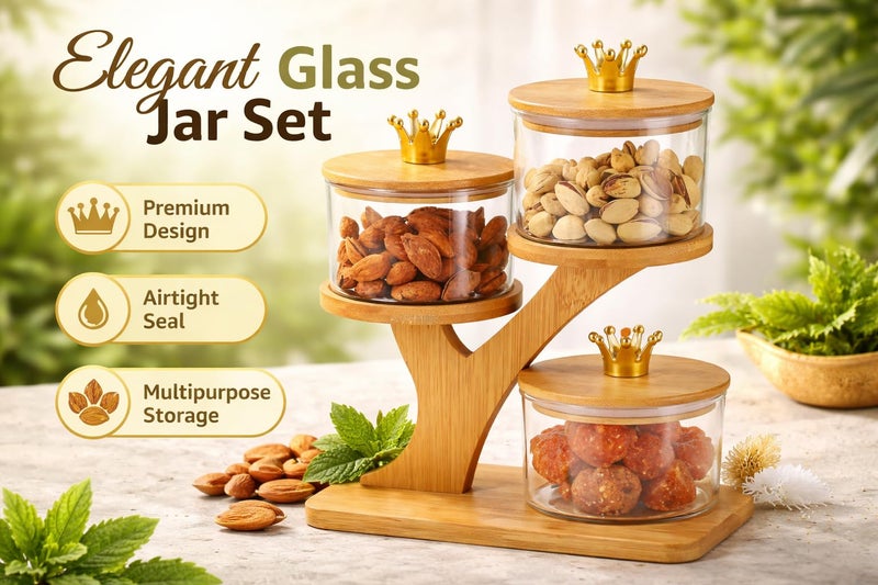 Red-Rubby Royal Serveware Glass Bowl Set with Airtight Lid & Wooden Holder Stand Tray | Set of 3 Bowls | Snack Serving Bowls for Home, Kitchen, Dining Table (500 ml) - Image 2
