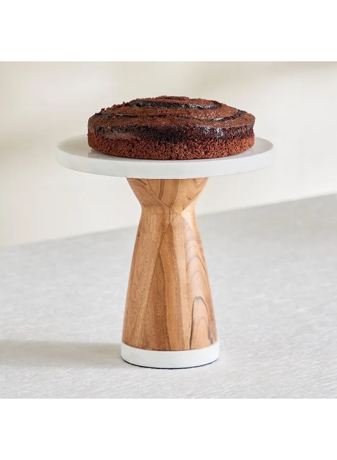 Home Box Nordic Marble Cake Pillar Stand with Wooden Base - 21x21x21 cm