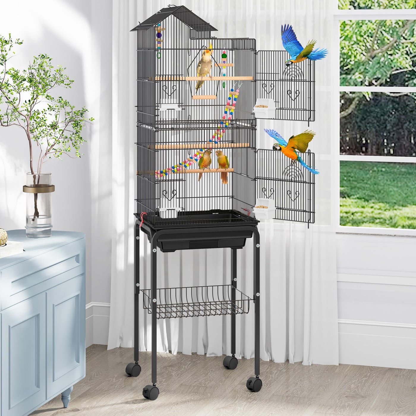 YITAHOME 62 Inch Large Bird Cage​ - ​Metal Flight Cage​ with ​Rolling Stand, ​Feeding Doors​ & ​Hanging Accessories​ for ​Parrots ​Cockatiels Conures ​Lovebirds ​Parakeets​ ​Small Birds