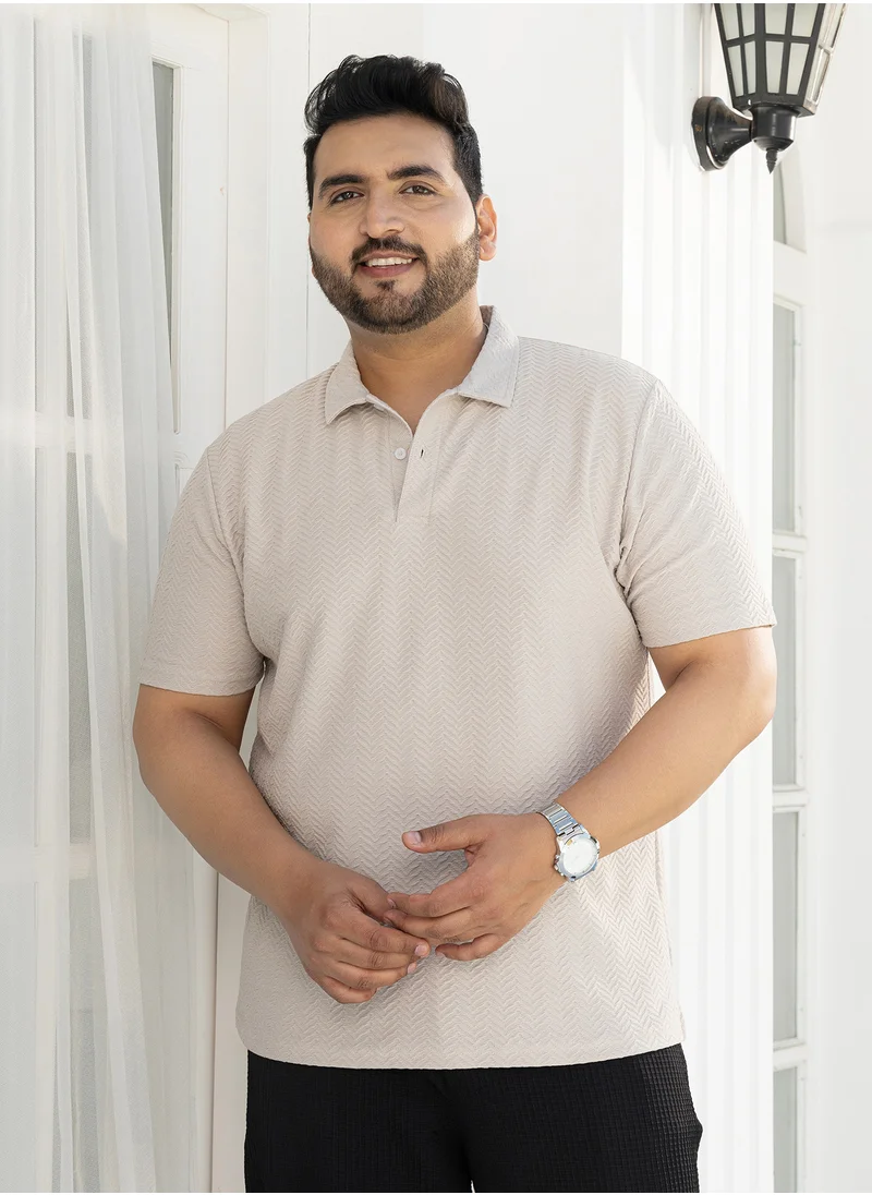 Instafab Plus Instafab Plus Men's Saltbox Beige Chevron Polo T-Shirt For Casual Wear | Polo Neck | Short Regular Sleeves | Half-Button Closure | Plus Size T-Shirt Crafted With Comfort Fit For Everyday Wear