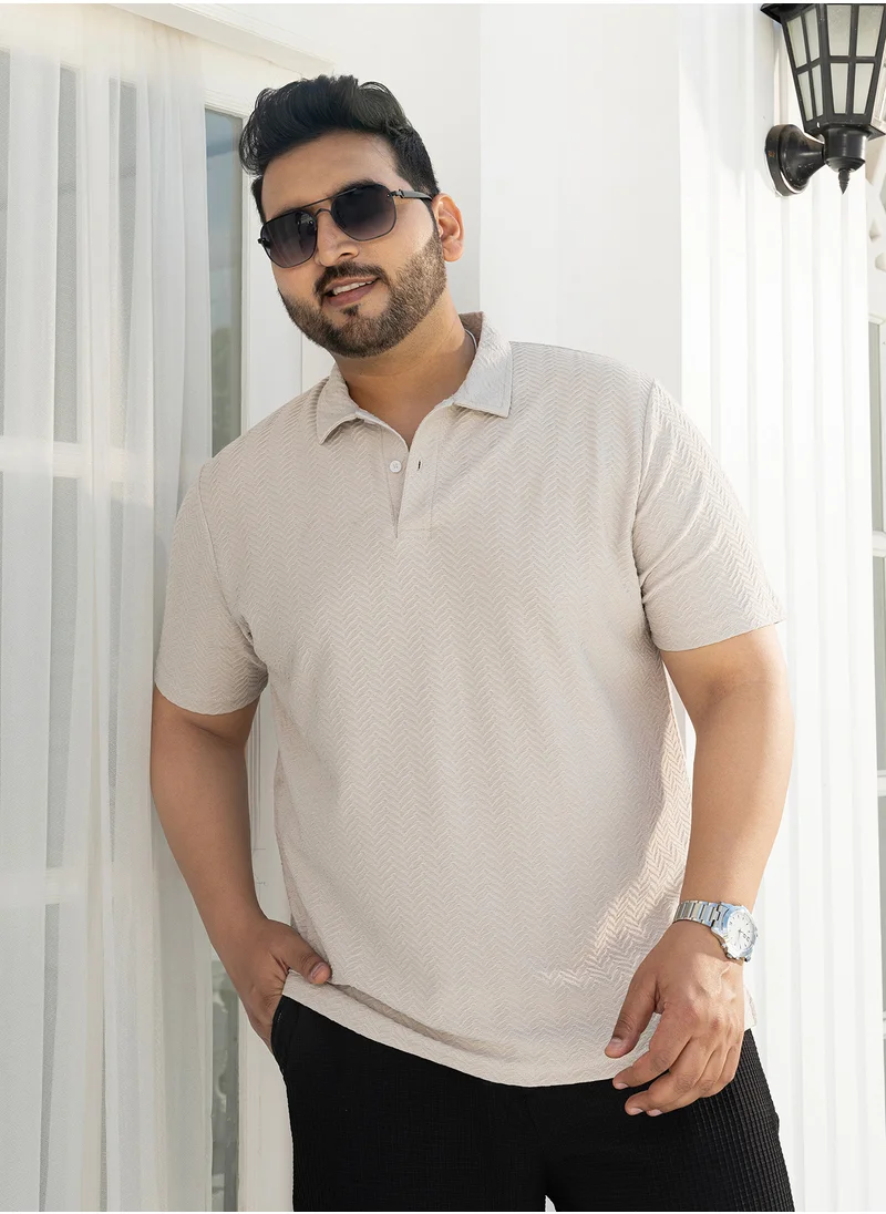 Instafab Plus Instafab Plus Men's Saltbox Beige Chevron Polo T-Shirt For Casual Wear | Polo Neck | Short Regular Sleeves | Half-Button Closure | Plus Size T-Shirt Crafted With Comfort Fit For Everyday Wear
