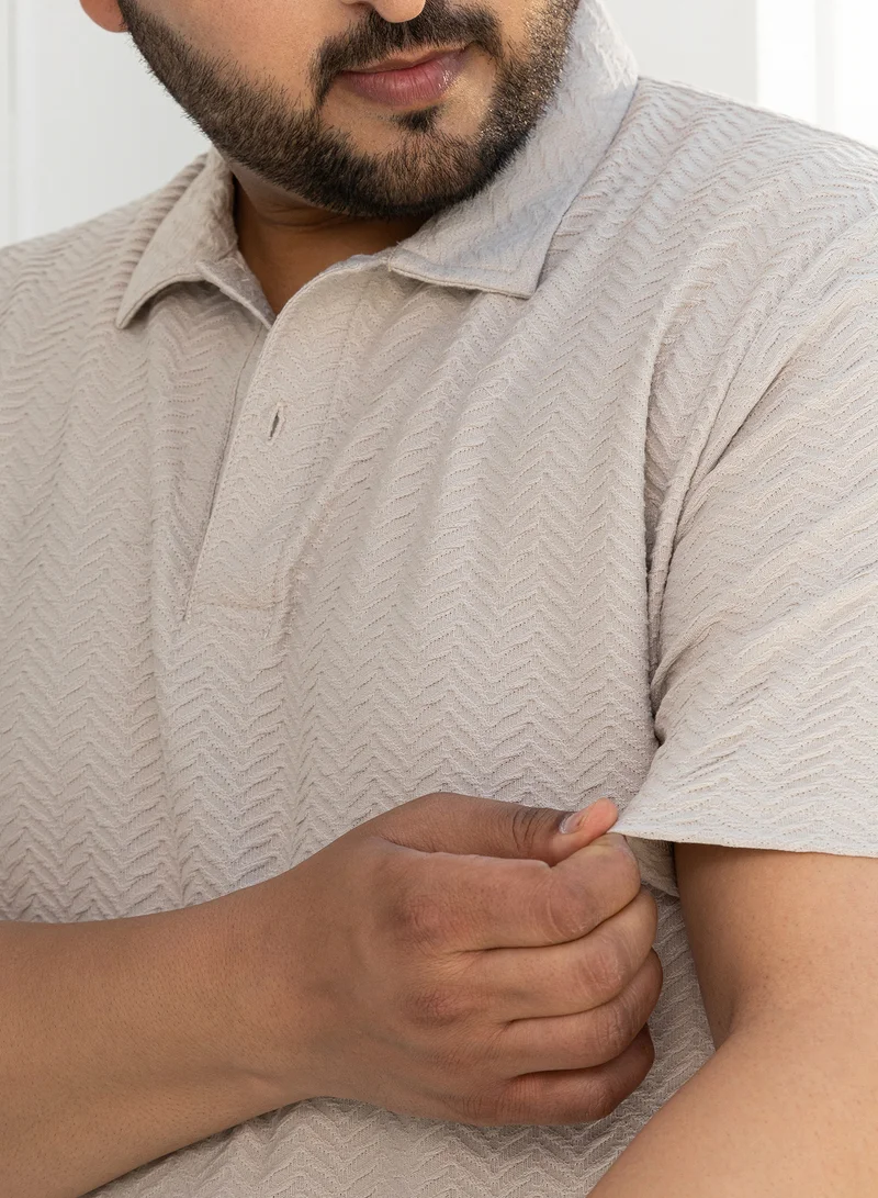 Instafab Plus Instafab Plus Men's Saltbox Beige Chevron Polo T-Shirt For Casual Wear | Polo Neck | Short Regular Sleeves | Half-Button Closure | Plus Size T-Shirt Crafted With Comfort Fit For Everyday Wear