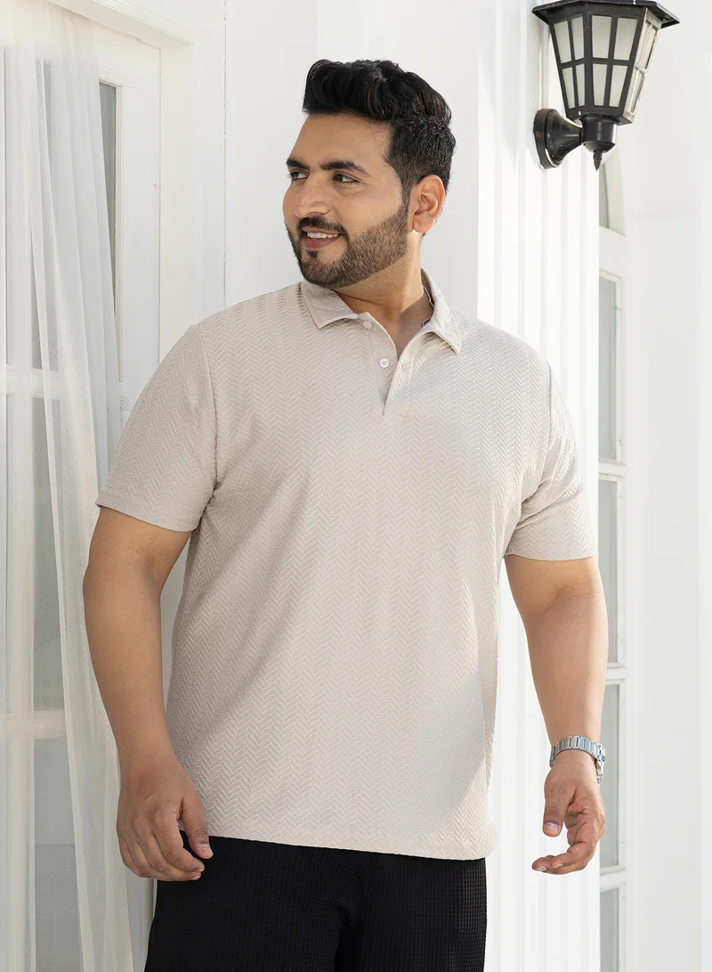 Instafab Plus Instafab Plus Men's Saltbox Beige Chevron Polo T-Shirt For Casual Wear | Polo Neck | Short Regular Sleeves | Half-Button Closure | Plus Size T-Shirt Crafted With Comfort Fit For Everyday Wear