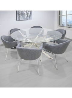 VANITY LIVING VANITY LIVING Modern Large Round Dining Table Set 6 seater with Chairs, Tempered Glass Top Dinner Breakfast Table + 6 Charcoal Velvet Chairs with Stainless Steel Legs for Dining Room (6 Charcoal Chair + 1 Dining)  - Image 1