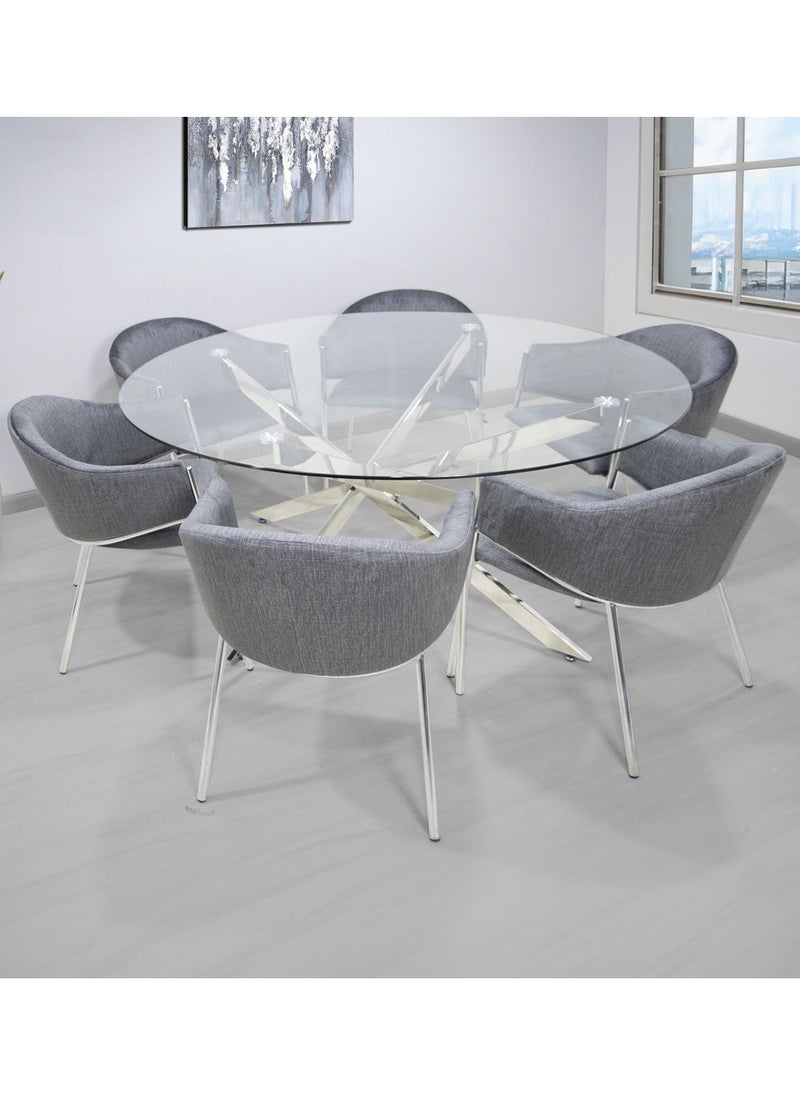 VANITY LIVING VANITY LIVING Modern Large Round Dining Table Set 6 seater with Chairs, Tempered Glass Top Dinner Breakfast Table + 6 Charcoal Velvet Chairs with Stainless Steel Legs for Dining Room (6 Charcoal Chair + 1 Dining)  - Image 1