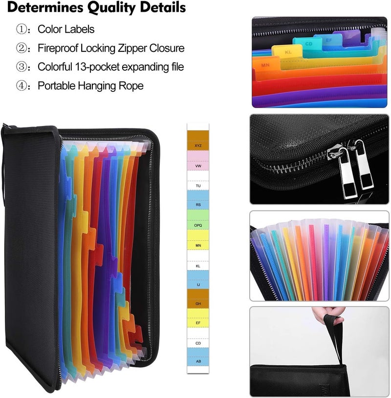 ENGPOW Fireproof Expanding File Folder with 13 Multicolored Pockets A4 Size Document Organizer with Color Labels Zipper Closure Non-Itchy Silicone Coated Portable Filing Pouch(14.3" x 9.8") - Image 2